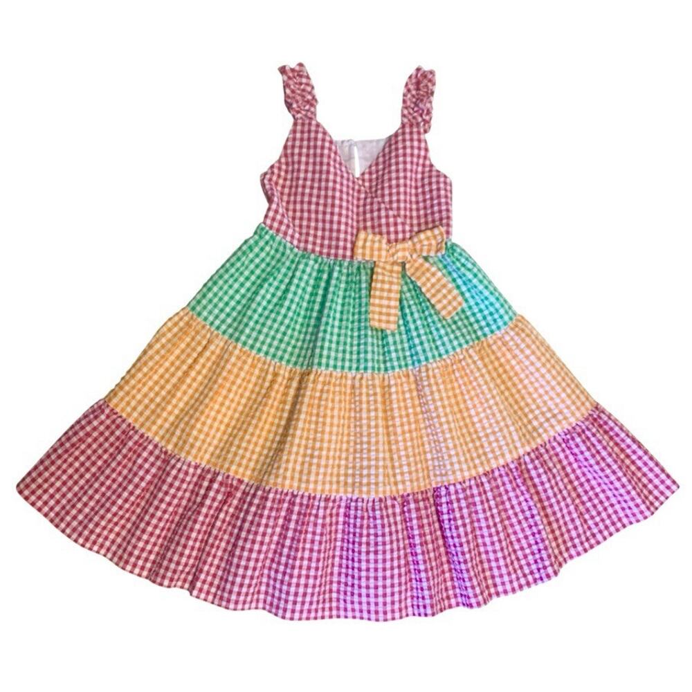 Bonnie Jean Girls Dress Sz 6 Colorblock Gingham Seersucker Tiered Summer
